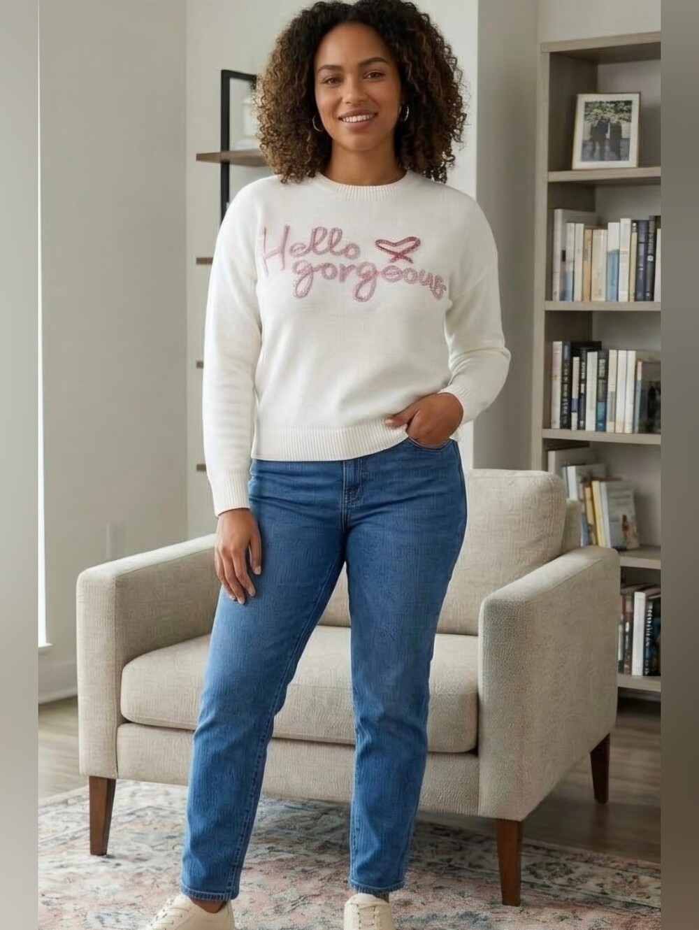 Hello Gorgeous White Knit Crewneck 3D Sweater Size L Large Pink Glitter Slouchy